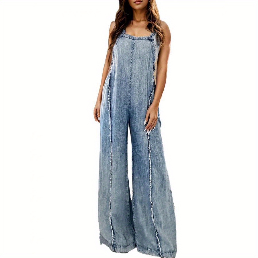 

Women' Washed Denim Overalls With Trim, Square Neck, Open Back, Sleeveless Wide Leg Jumpsuit -