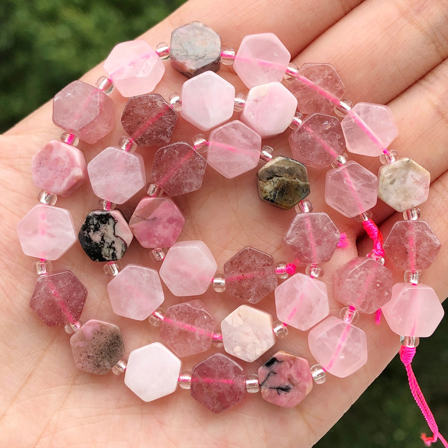 

Natural Bead Assortment - , Rose, And Strawberry Quartz - Hexagonal Beads For Jewelry Making, Self- Bracelet Diy Kit