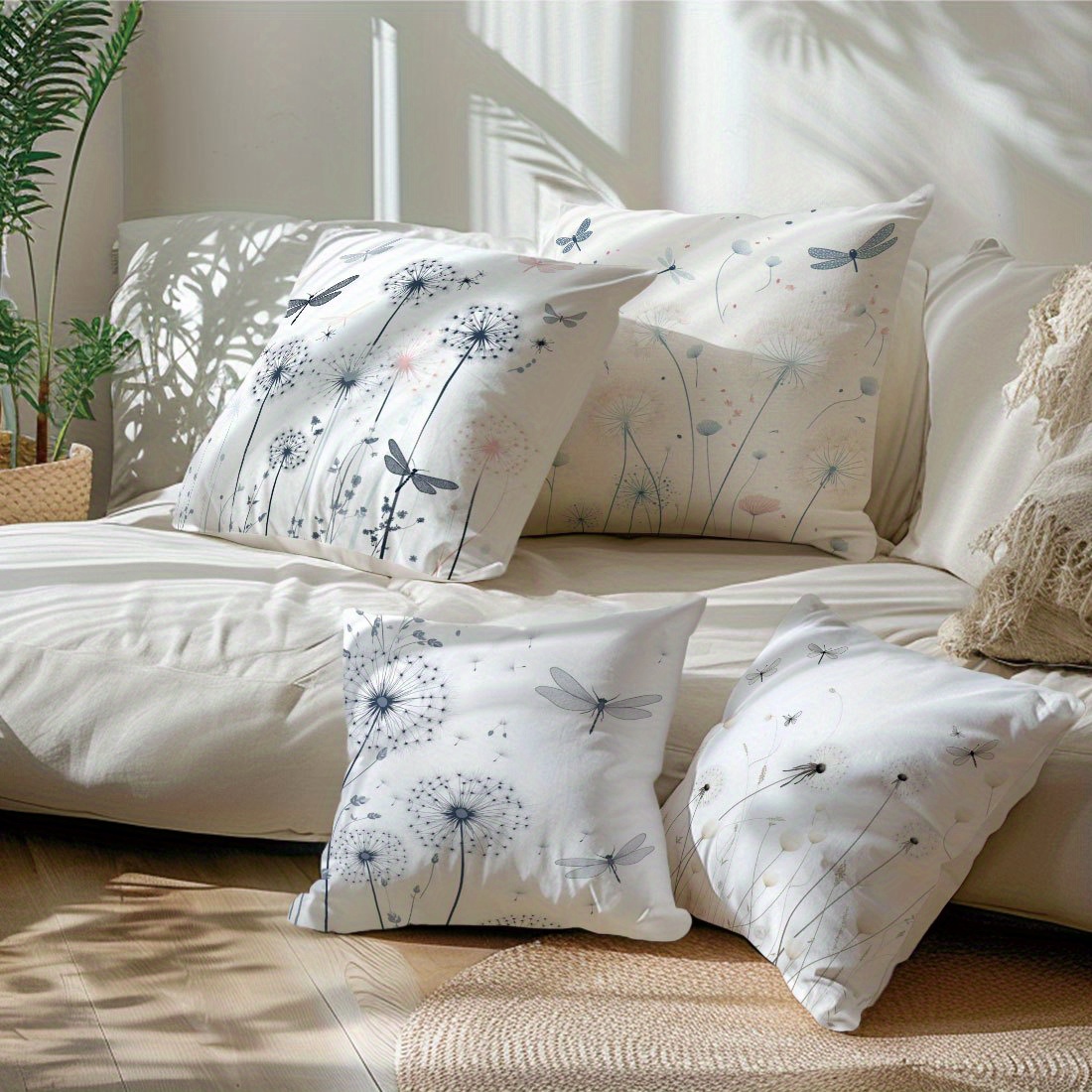 

4pcs Set Dandelion & Dragonfly Print Throw Pillow Covers - Soft Velvet, Zip Closure, Machine Washable, Contemporary Style For Sofa And Bedroom Decor, 18x18 Inches