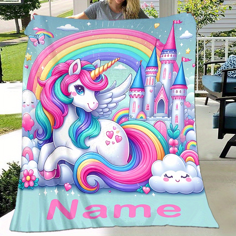 

Personalized Unicorn And Castle Blanket With Custom Name – Soft Polyester Fabric, Ideal For Napping, Camping, And Travel – Gift For Family, Friends, And