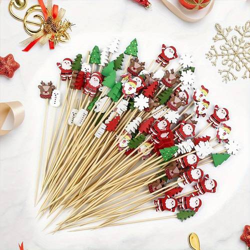30pcs Festive Christmas Roostertail Picks Set - Event & Party Supplies Tableware for Holiday Drinks, Appetizers & Decorations with Sticks, Snowflakes, Snowmen, Reindeer & Designs