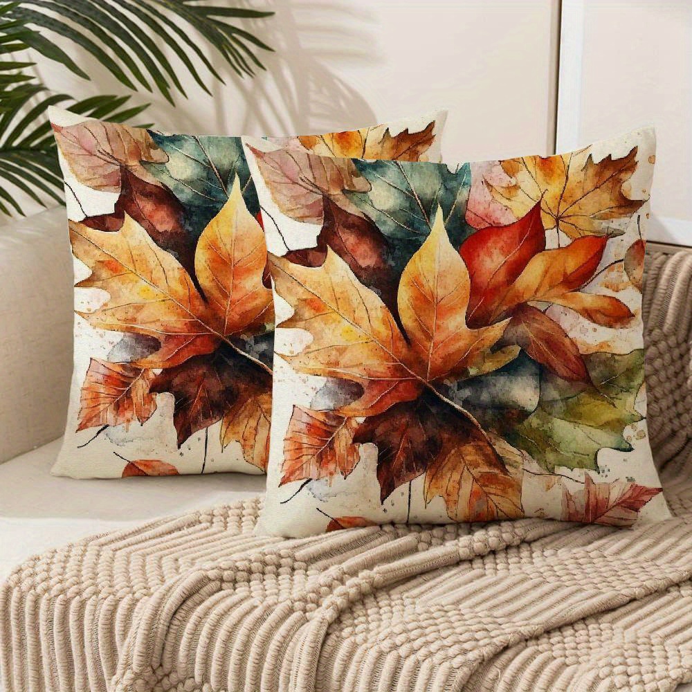 

Watercolor Fall Leaves Pillow Covers - Set Of 2, Autumn Room Decor, Machine Washable With Zip Closure