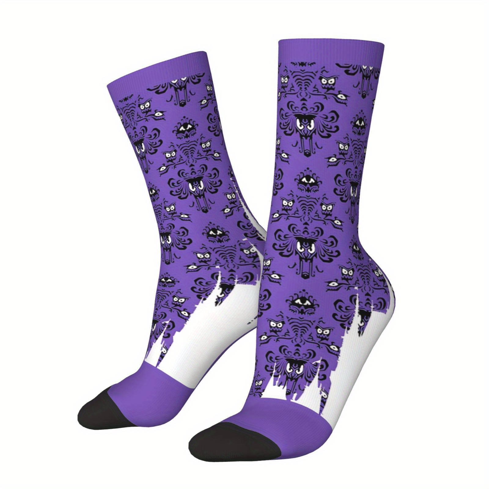 

1 Pair Of Fun & Quirky Hip Hop-inspired Socks, Seamless Novelty Crew Socks With Vintage Haunted Mansion Design, Perfect Gift For Men