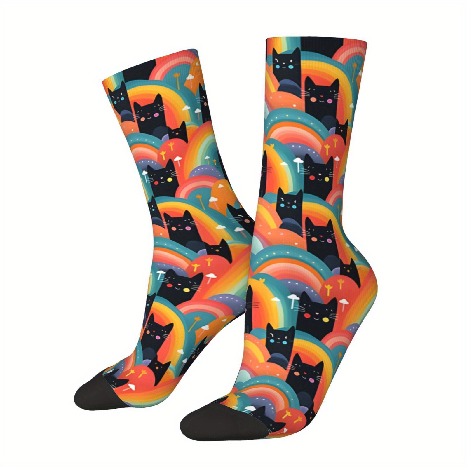 

Cat & Rainbow Pattern Knit Socks For Men And Women - Polyester With 95% Polyester And 5% Elastane, Comfortable Unisex Crew Socks For Hip Hop And Novelty Gifting (1 Pair)