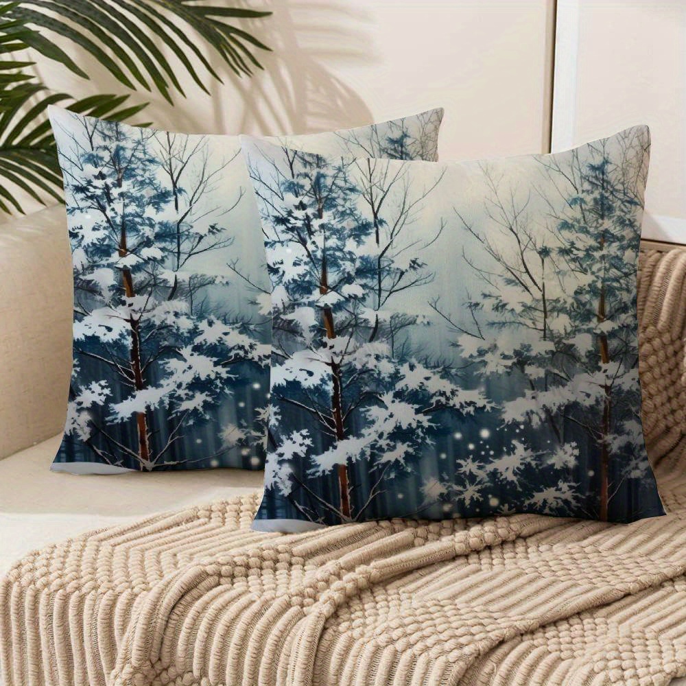 

Set Of 2 Winter Wonderland Throw Cushion Cases, Snowy Pine & Blue Design, Zipper Closure, Style, Machine Washable, 100% Polyester Covers For Room Types - 18x18 Inches