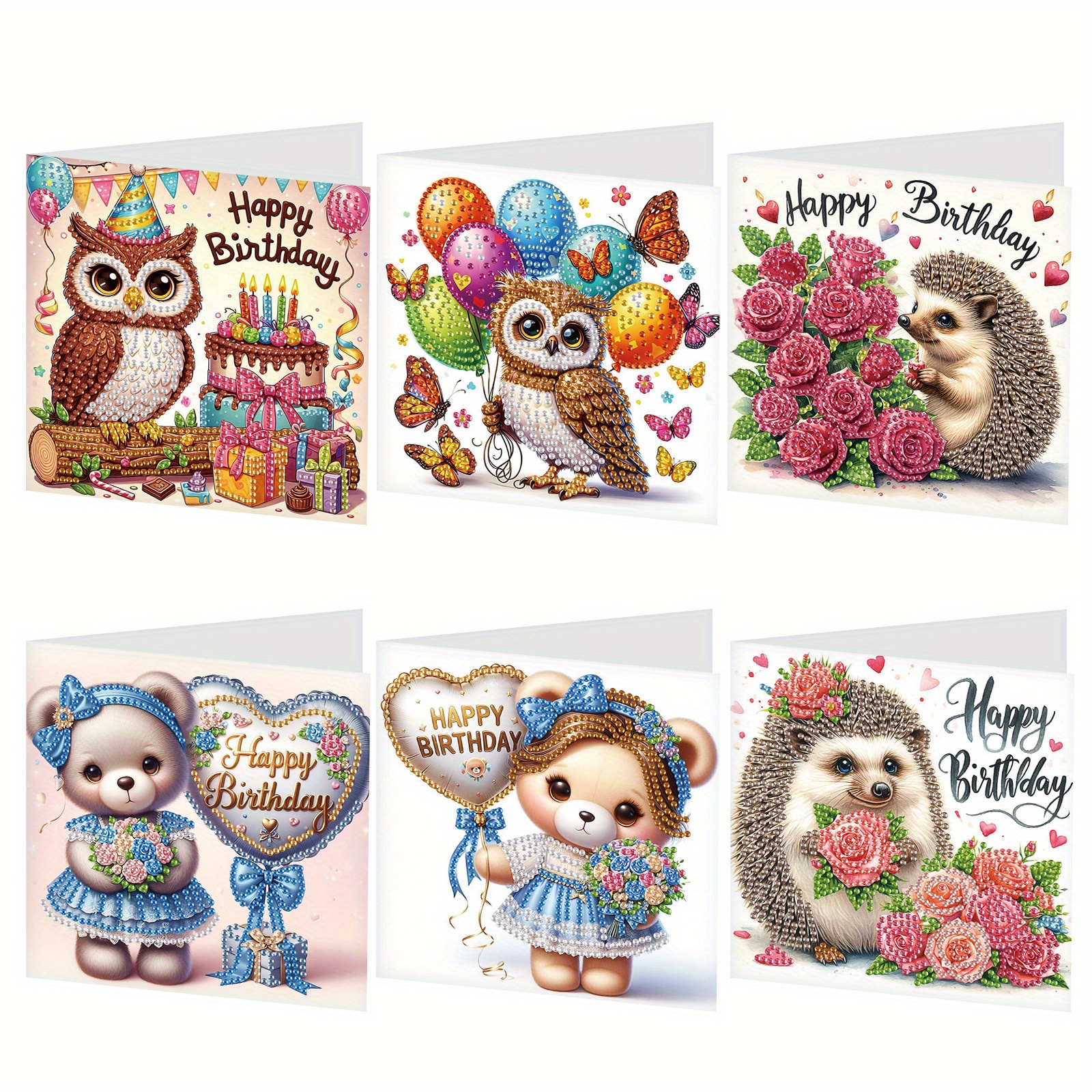 

6pcs 5d Diamond Art Greeting Cards With Owl, Hedgehog & Bear Designs - Diy Acrylic Craft Kit For Creative Gifts, Unique Shaped Diamonds, Christmas & Thanksgiving