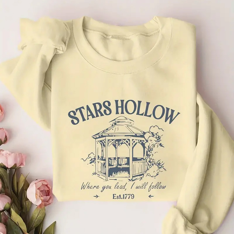 

Women's Casual Round Neck Sweatshirt, Stars Hollow Geometric Print, Polyester Knit, Autumn/ Hoodie, Fashionable Pullover Top