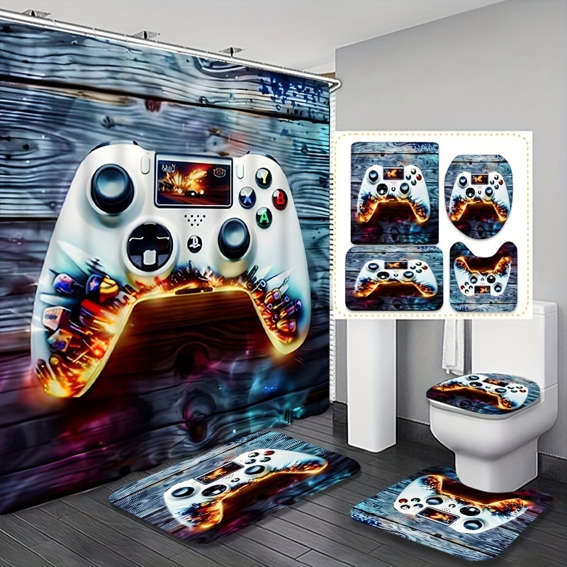 

4pcs Game Controller Pattern, Video , Mood, Shower Curtain And Toilet Mat 3-piece Set.with 12 Hooks, Easy To , Suitable For Everyone