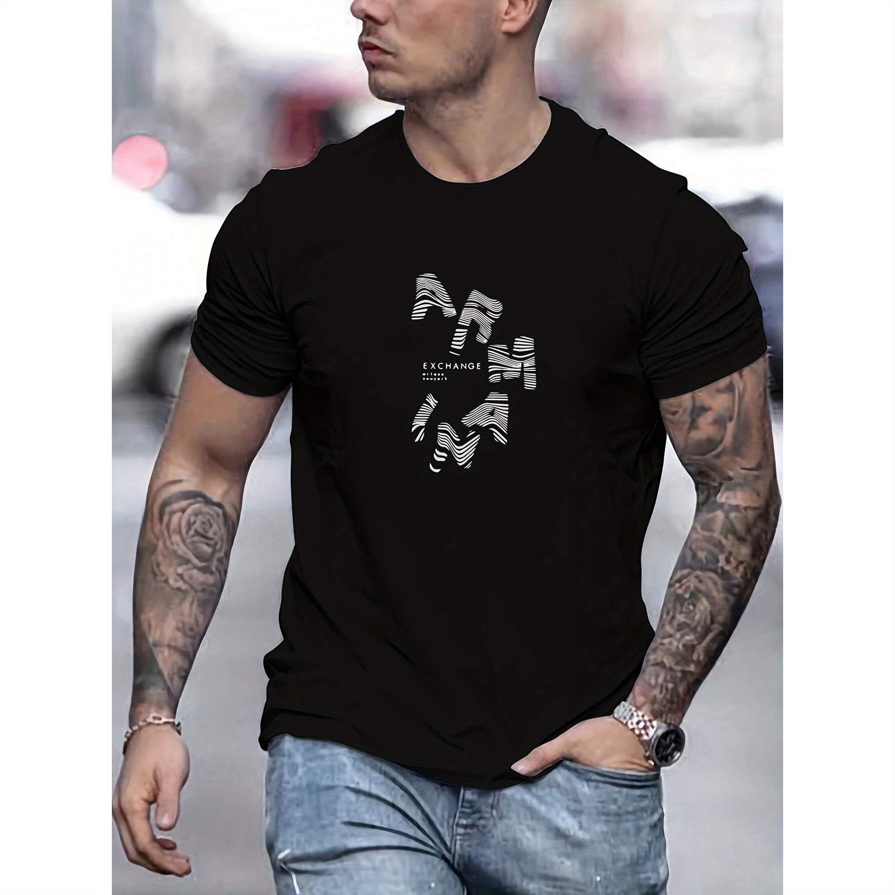 

Men's Summer Casual Crew Neck T-shirt With Armanl Pattern- Polyester (polyester 65%, Cotton 35%), Slight Stretch Knit Fabric, Short Sleeve Solid Color Tee