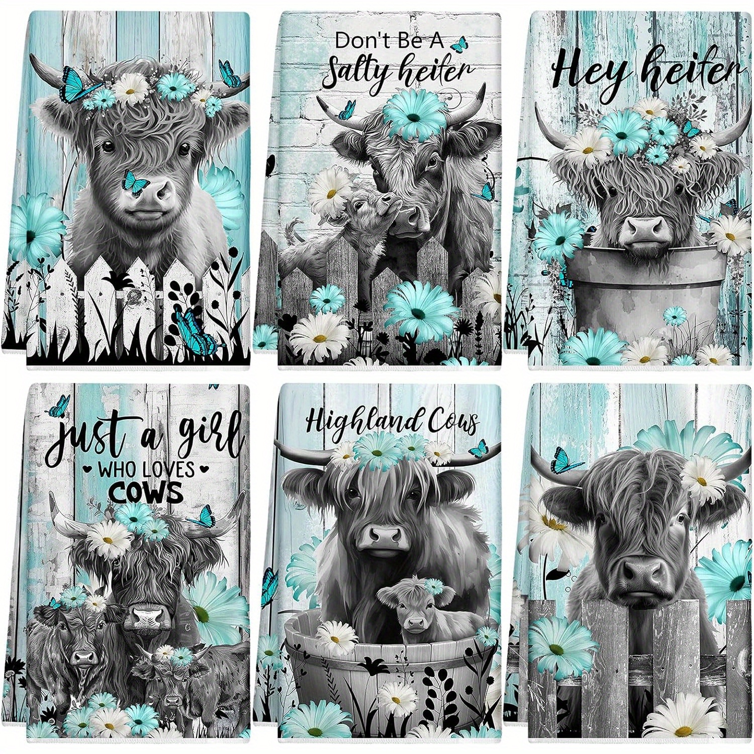 

6-pack Super Soft Polyester Dish Towels, Modern Highland Cow Cartoon Kitchen Towels, Machine Washable, Oblong Weave, Multipurpose For Cooking, Kitchen, And Bathroom - 18x26 Inches