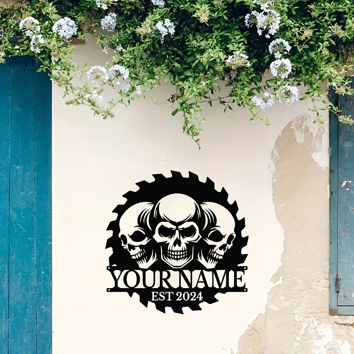 custom personalized skull gear metal door hanger black iron decorative sign with name   year ideal for home   unique   for adults 14 details 2