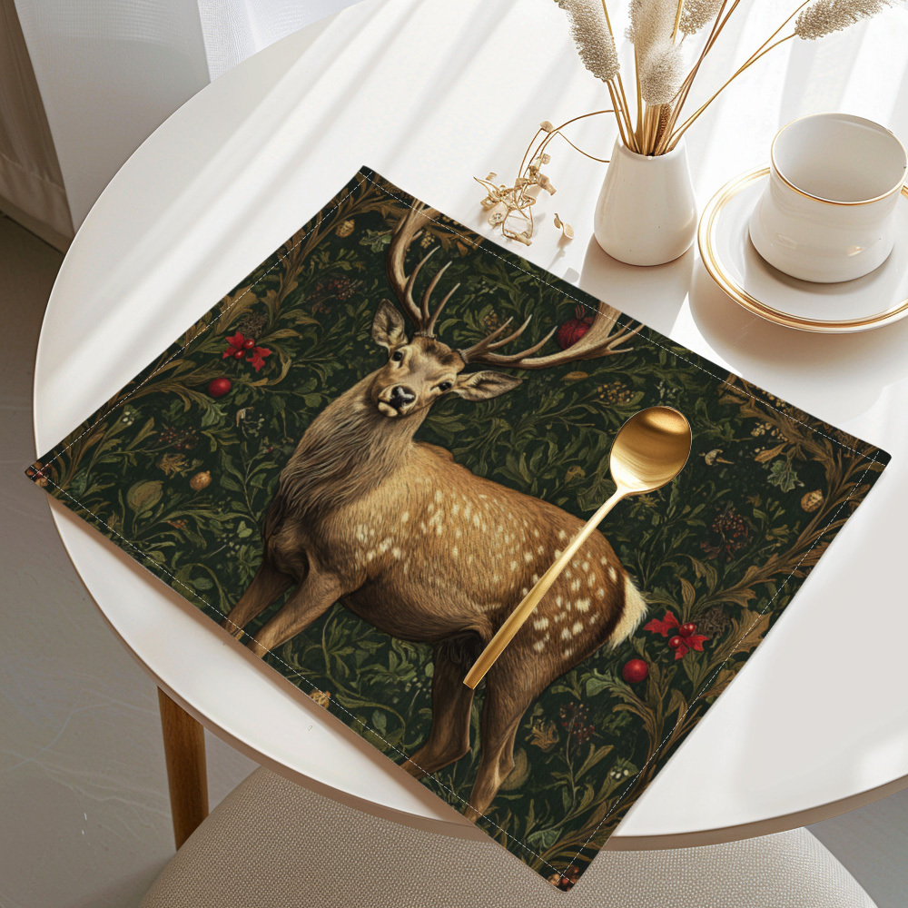 

4pcs Set Tabletop, Christmas Placemats - Cute Deer Design, Stain & Heat Resistant, Machine Washable Polyester Table Mats For Holiday Dining Decor