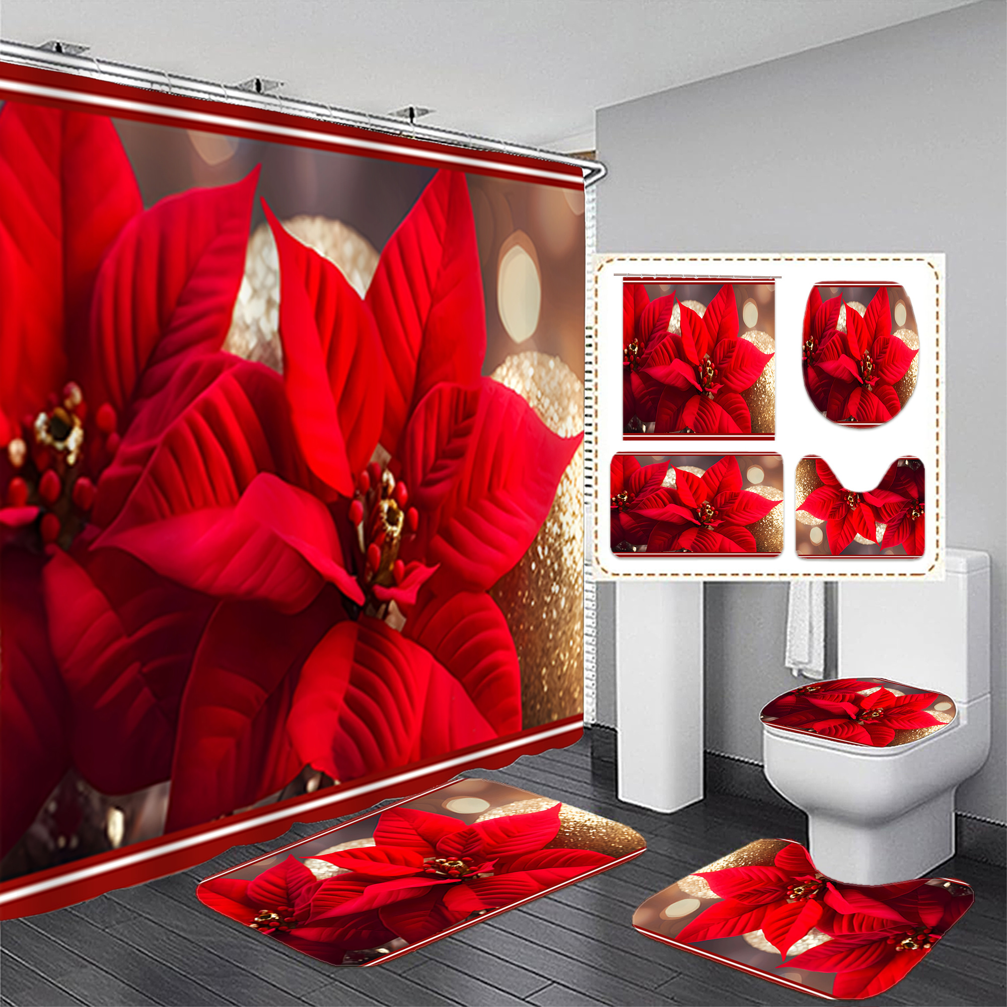 

1pc/3pcs Christmas Red Curtain, Bathroom Curtain + Mat Set, 12 , Polyester , Bathroom Mat, U-shaped Mat, Mat, Bathroom , Decoration Accessories, Decoration, Decorative Hanging Curtain