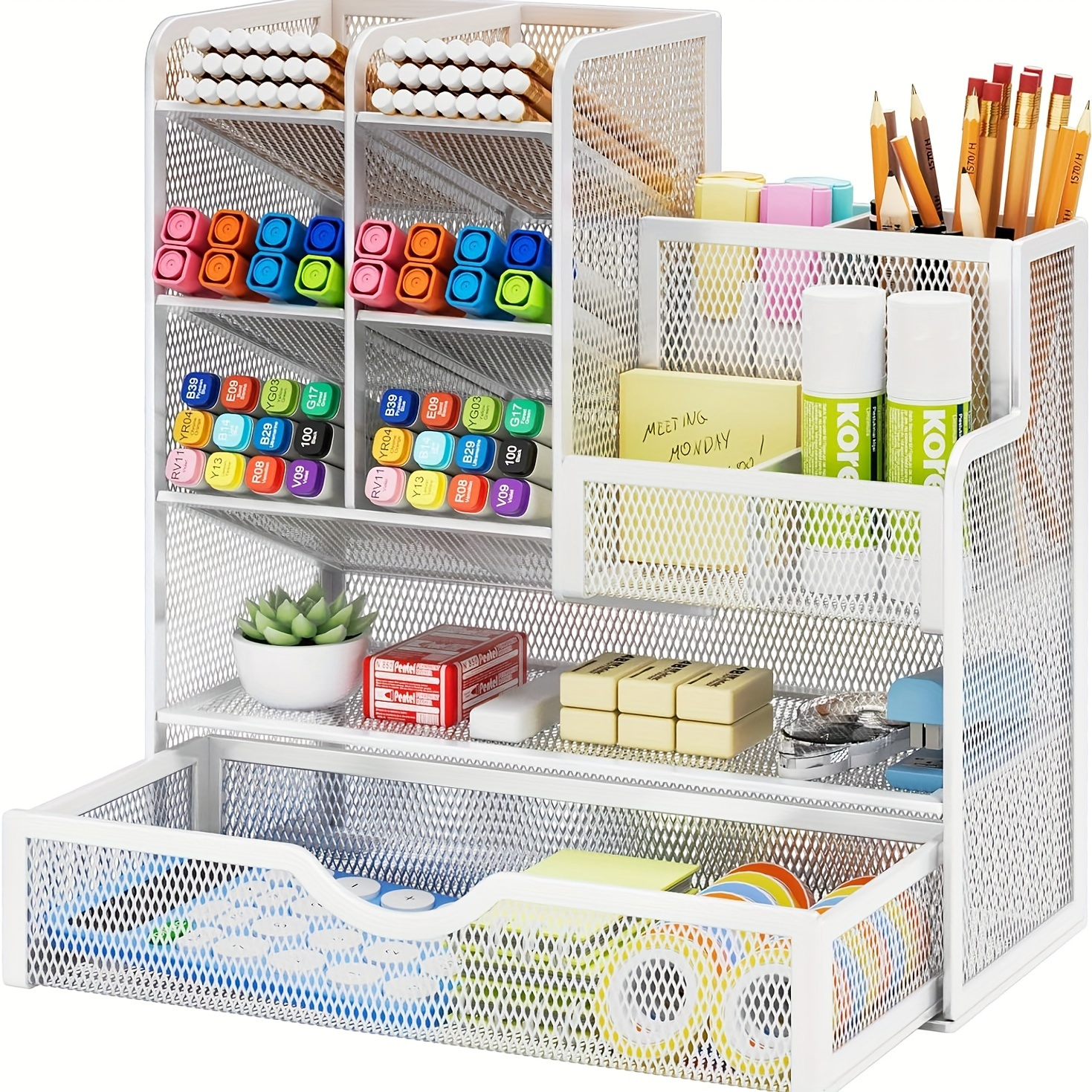 

Iron Mesh Desk Organizer, Multi-functional Desktop Storage Rack, Office Supplies Caddy With Drawers, Stationery Holder, Home Office Accessories And Organization