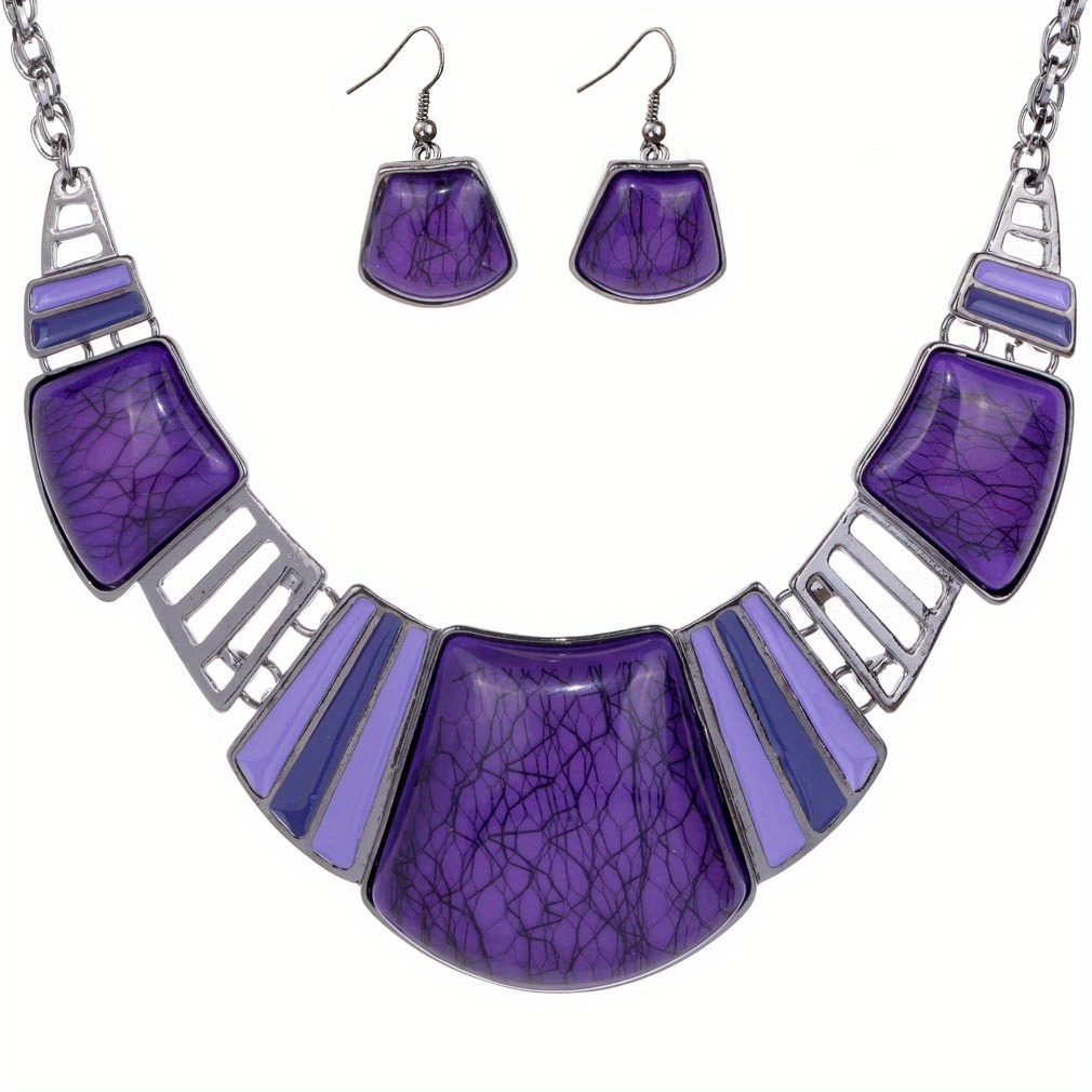 TEMU Unique Resin Oil Dropping Necklace & Earrings Jewelry Set - Imitation Stone, Boho Chic Inspired, Bridal Wedding Banquet Accessories