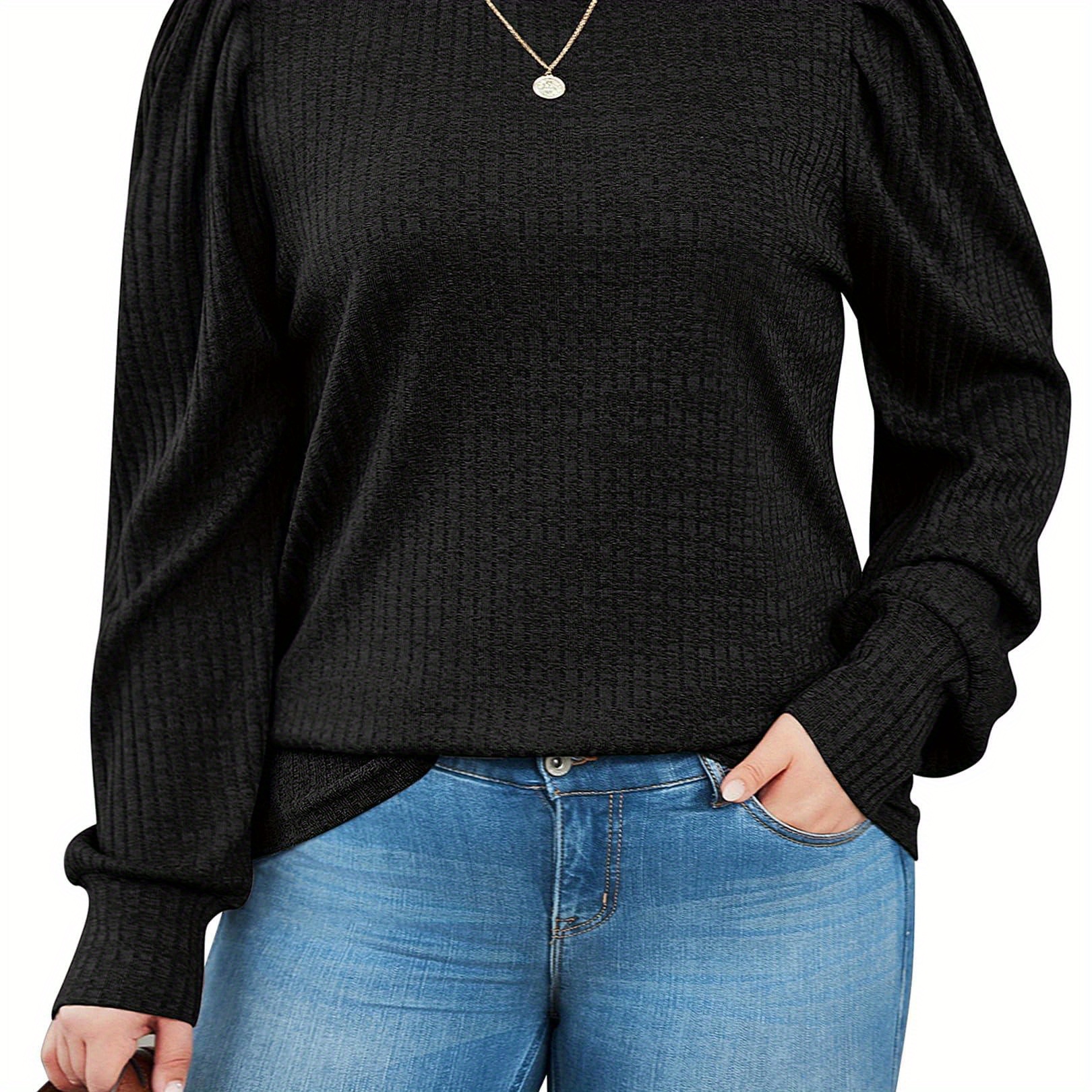 

Plus Size Women's Puff Knit Blouse Long Sleeve Shirt Crew Neck Elegant Tunic Tops