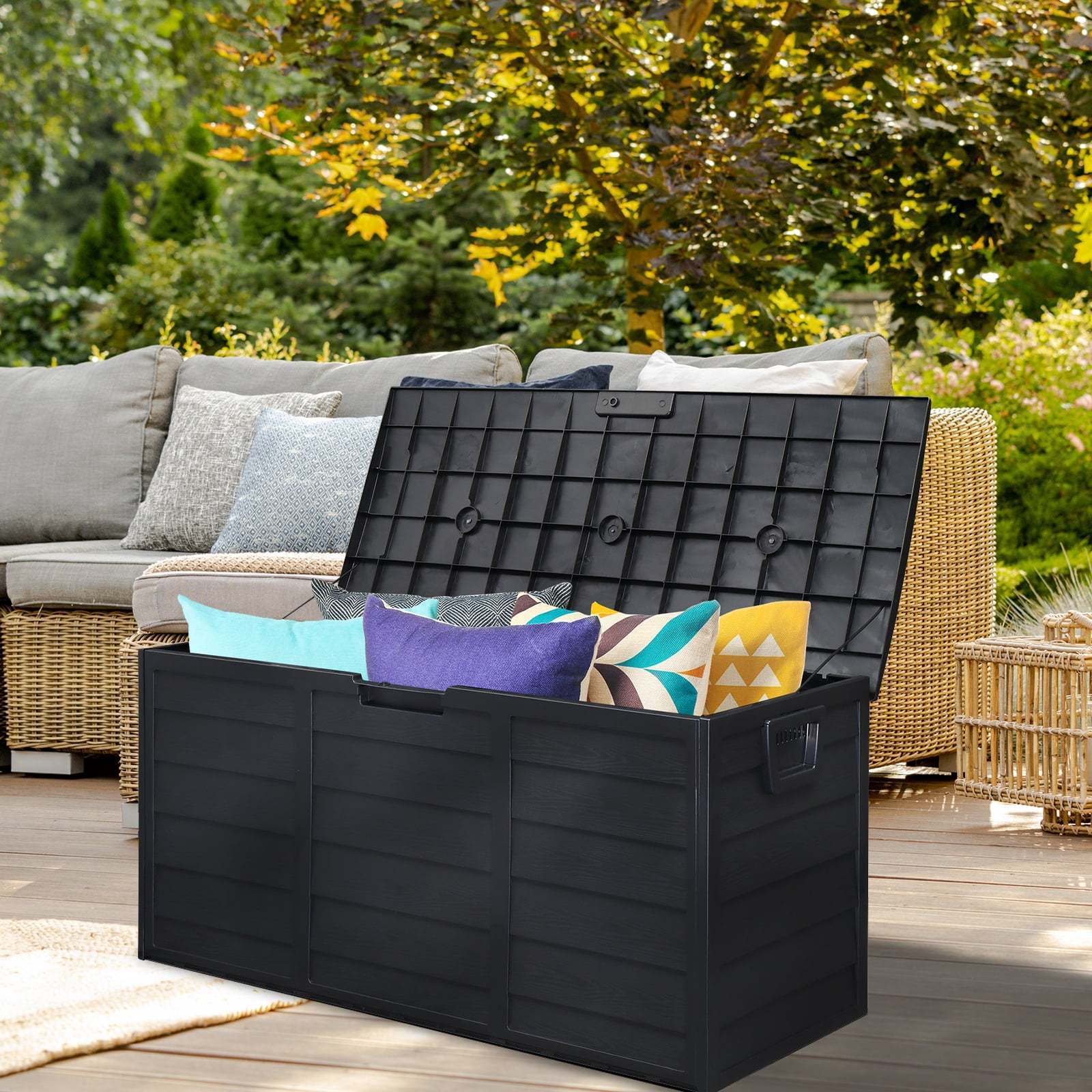 TEMU 75 Gallon Heavy-duty Outdoor Storage Box With Dual Wheels - Extra Large Deck Box, 110lb Capacity, High Quality Patio, Garage, Garden Organizer -