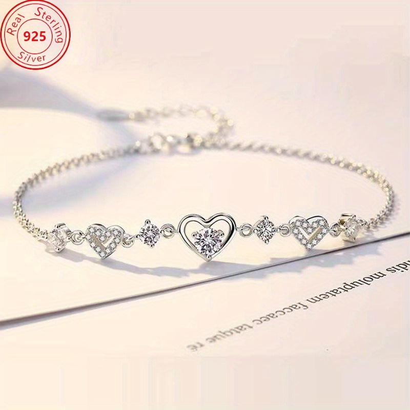 

S925 Sterling Silver Heart Bracelet - Silver Ornaments With Sparkling Synthetic Zircon - Beautifully Stylish Design - Wear And Gifts