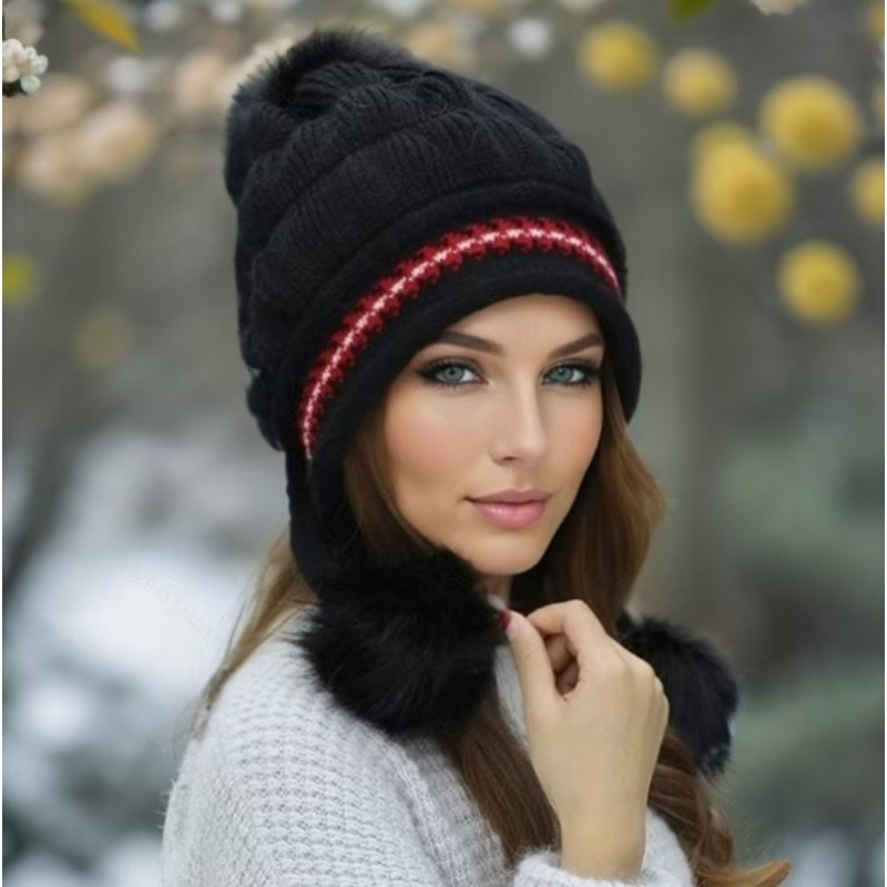 

Cozy Knit Fleece- Beanie With Ear Flaps & Pompom - Adjustable, Hat For Women | Skiing & Outdoor Activities