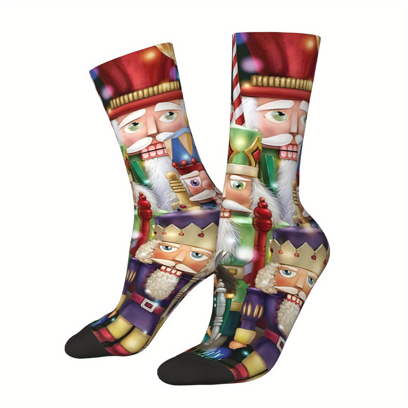 

1 Pair Men's Nutcracker Knee-high Socks - Christmas Pattern With Santa And Holiday Decorations, Hip Hop Vintage Style, Polyester , For Boys