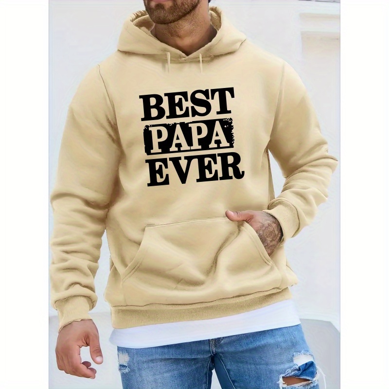 

Men's "best Papa Ever" Hoodie, Polyester Plush Sweater, Casual Long Sleeve Pullover With Hood, Printed Top, Ideal Gift For Dads, Regular Fit, Winter Wear