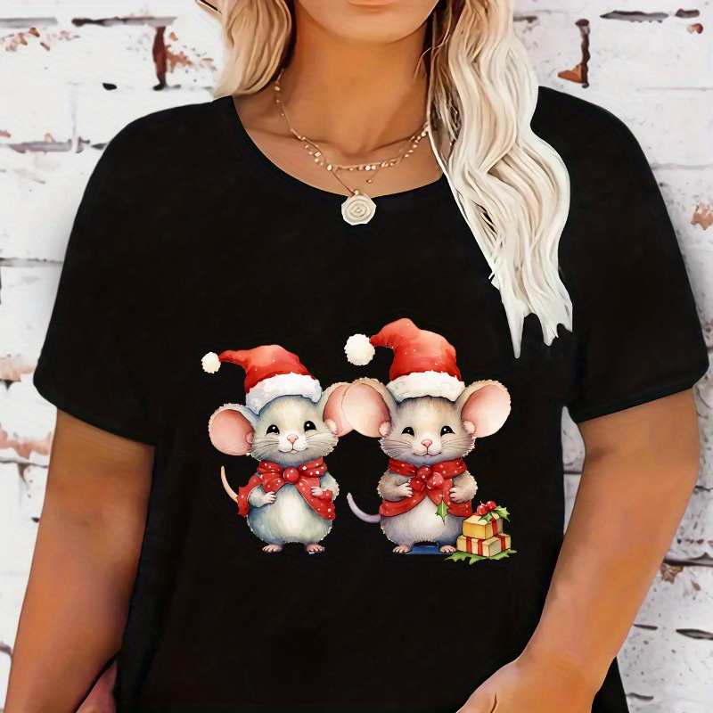 

Women's Plus Size Christmas Mice Print , Casual Knit Short Sleeve Top, Round Neck, Polyester, Regular Fit, Spring/summer Fashion