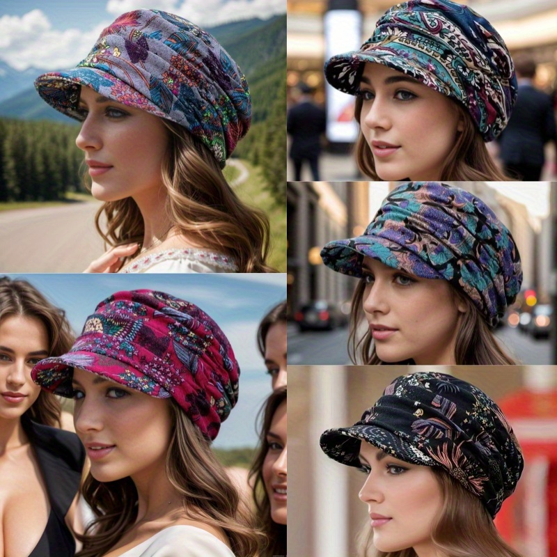 

1pc Women's Polyester Newsboy Cap - Printed Pleated Short Hat, Lightweight Retro Visor, Comfortable Warm Knit, Non-stretch, Christmas , No Feather, Snap Closure