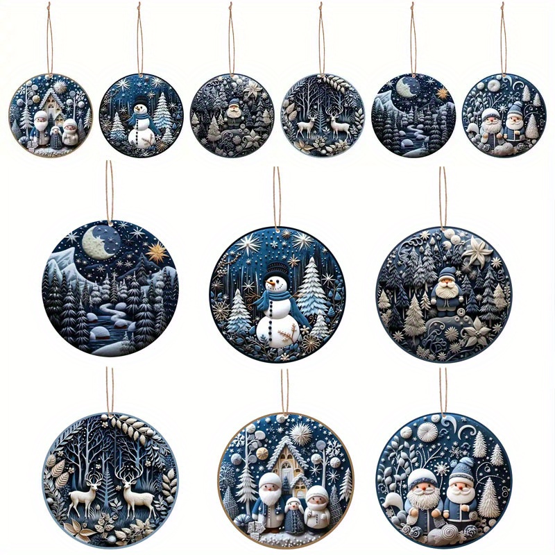 

18pcs Vintage Christmas Wooden Ornaments Set - Blue, 2d Flat Designs With Deer, Snowman & Pine - Tree, Yard & Garden Decor, Christmas Decor