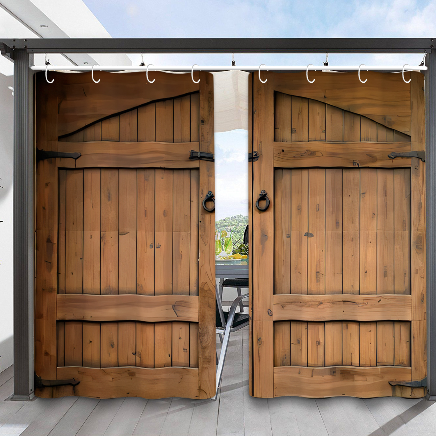 

2pcs Vintage Wooden Door Design Outdoor Curtains - Waterproof, Sunshade Garden & Patio Drapes For All , Christmas, , Thanksgiving Decor