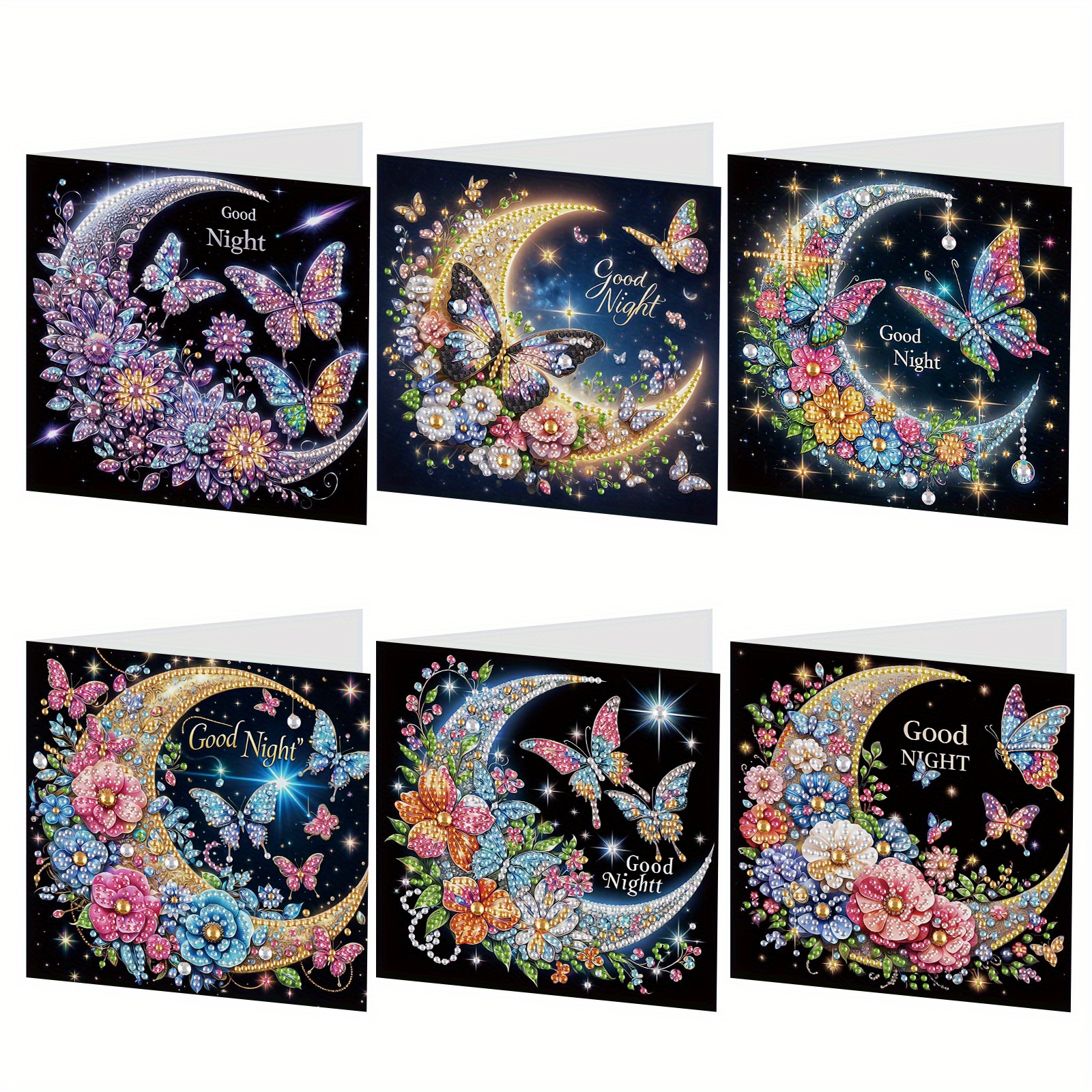 

Diy 5d Diamond Painting Greeting Card Kit - 6pcs, Holographic Butterfly & Moon Designs With Envelopes, Round Rhinestone Craft Set For Birthdays & Festivals