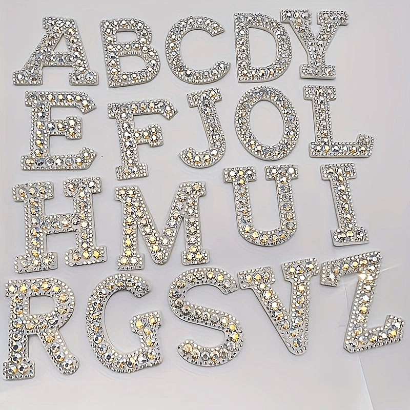 

26pcs Rhinestone English Alphabet Patches, Imitation Crystal Sew-on Letter Badges For Diy Crafts, White & Color Embroidered Appliqués