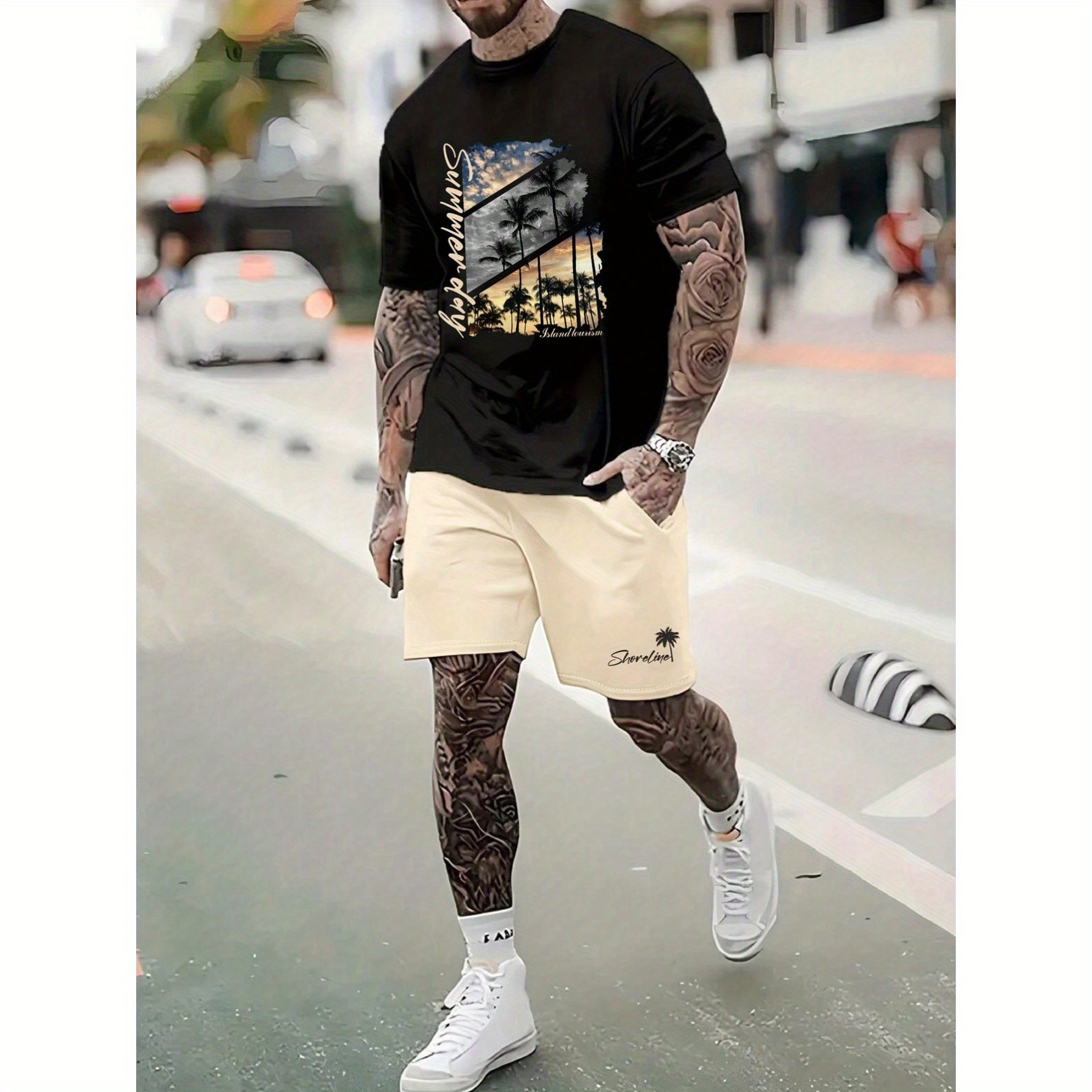 

Men's Palm Tree Letter Printed Round Neck Short Sleeve Casual T-shirt And Shorts Set, Summer