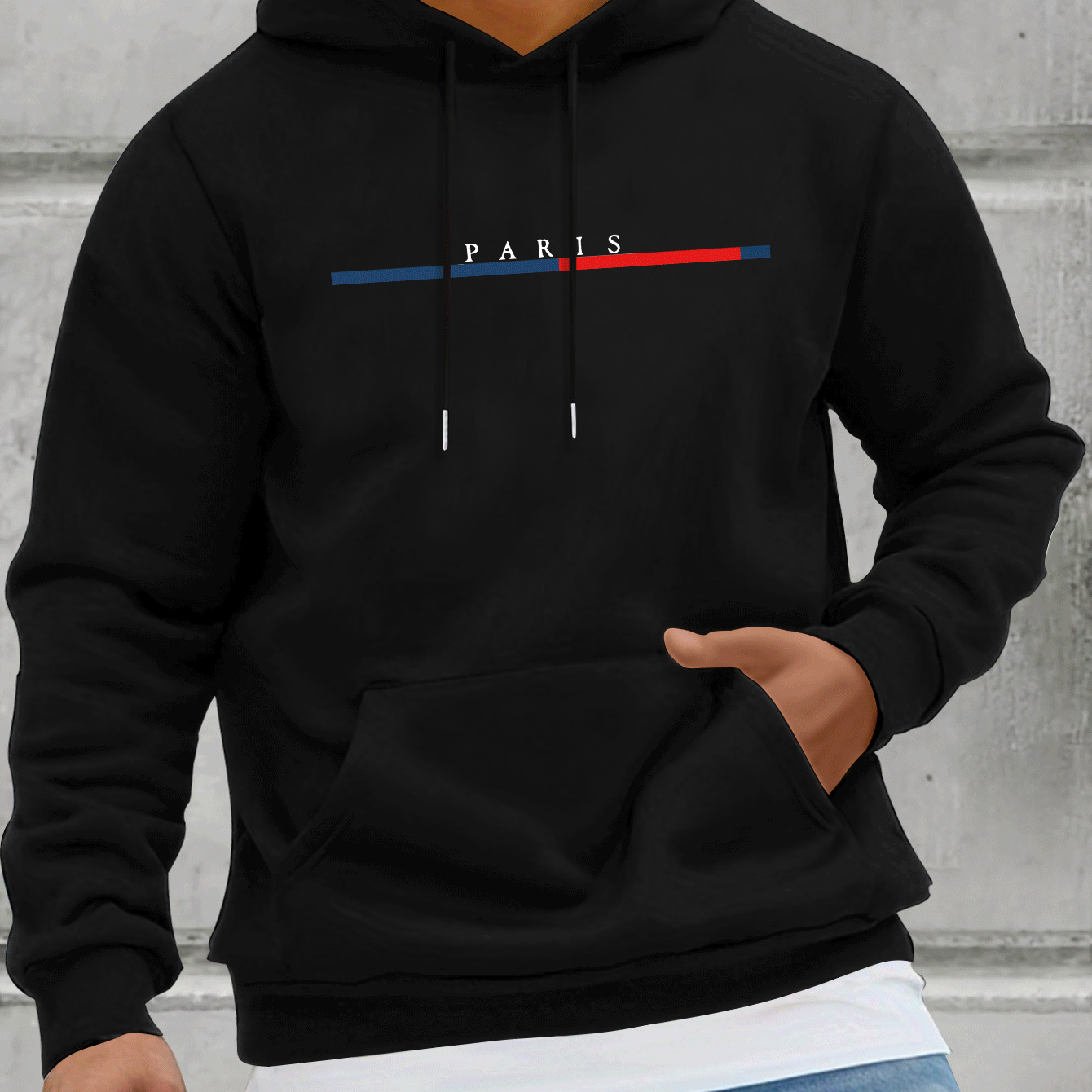 

Men's Casual Hooded Sweatshirt With Kangaroo Pocket - Fall/winter Knit Fabric Hoodie With Geometric Paris Print, Polyester , Regular Fit And Slight Stretch