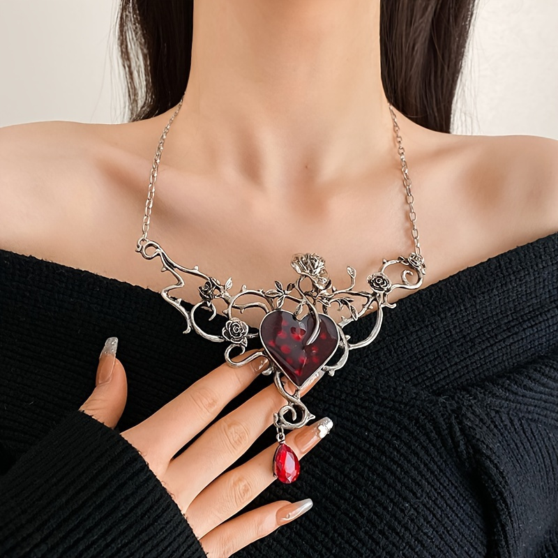 

1pc Gothic Dark Style Inlaid Collar Necklace--adjustable Clavicle Chain, With Heart Branch -- Valentine's Day Party, Gothic Fashion And