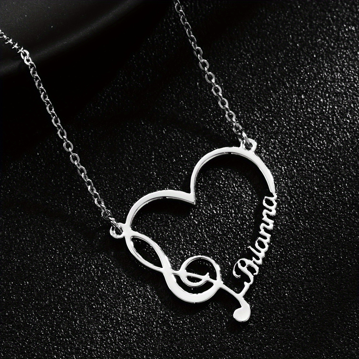 

1pc Bohemian Style Customized Love Heart & Musical Note Name Necklace, Silvery Plated 304l Stainless Steel, Personalized English Name Pendant, Steel Chain