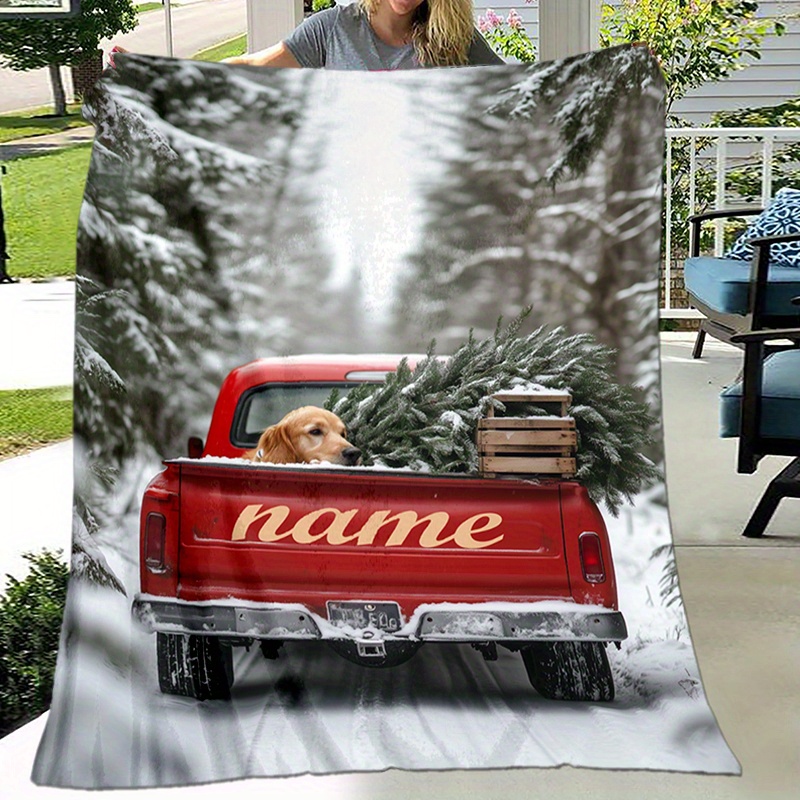 

Personalized And Dog Christmas Tree Flannel Throw Blanket With Custom Name - Cozy Polyester Knit Cover For Sofa, Bed, Camping, Game Playing