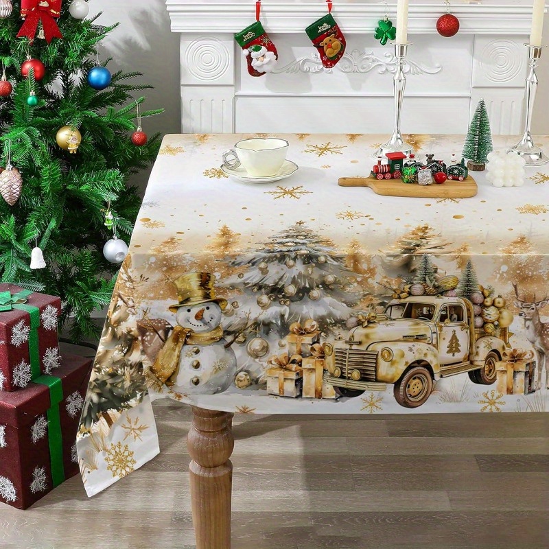 

de nappe de Noël Jit, rectangulaire camions et de neige dorés, tissu polyester, fabriqué à , décoration de fête à domicile, couverture de table de cuisine et salle à manger, des fêtes