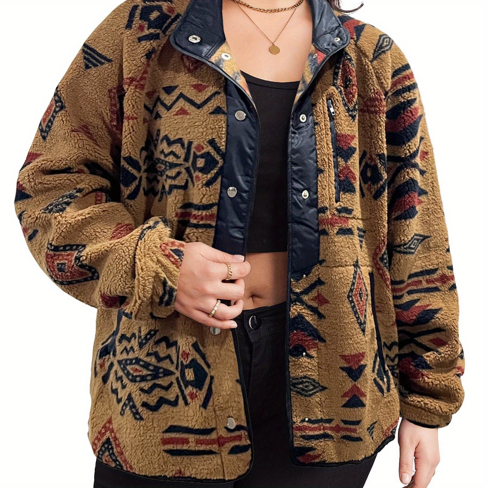 

Women's Plus Size Outdoors Fleece Jacket Western Aztec Print Shacket Long Sleeve Coat Snap Button Outfit With Pockets