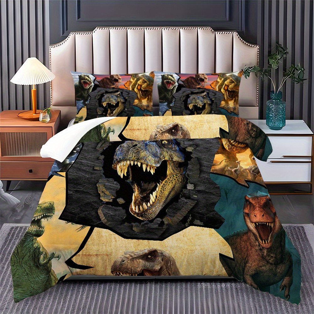 

3pcs Jurassic Dinosaur Polyester Duvet Cover Set (1*duvet Cover + 2*pillowcases), Soft Comfortable Printed Bedding Set, Zippered, Machine Washable, Fade-resistant, Use For Bedroom And