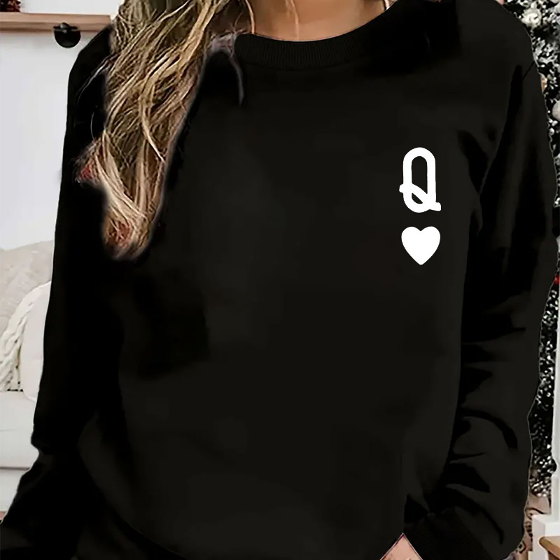 

Women' Casual Crew Neck Pullover Sweatshirt With Simple Playing Card Q Heart Print, 100% Polyester Knit, Stretch - All Season Comfort