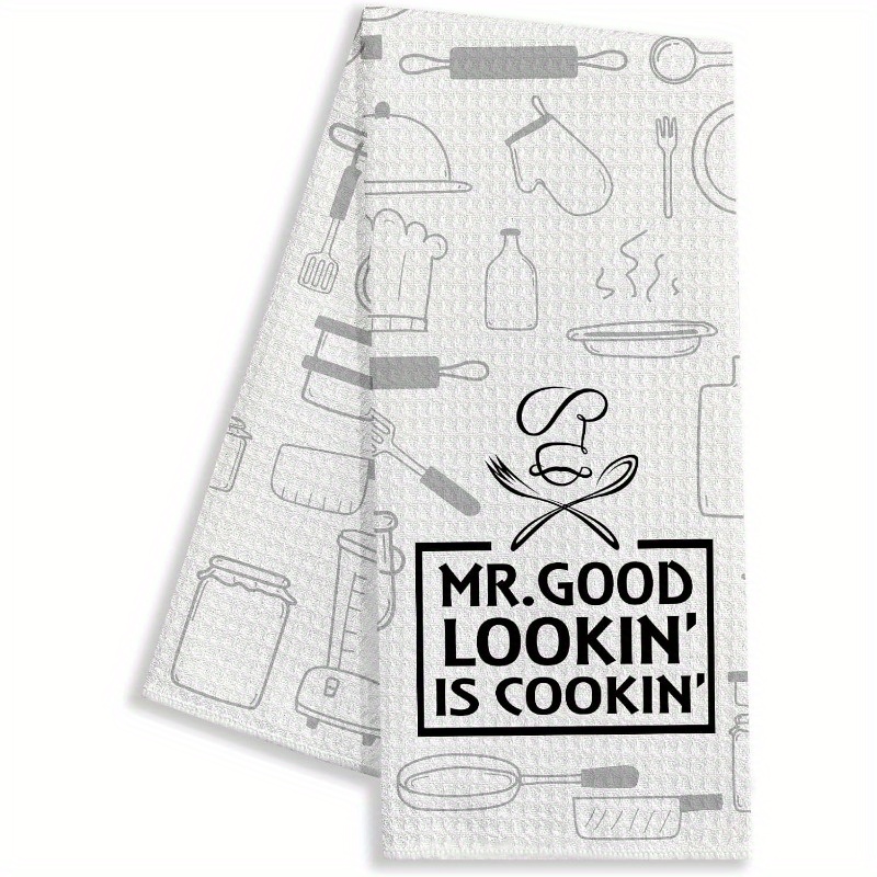 

1pc Jit Funny Kitchen Dish Towel 18x26 Inch, "mr. Is Cooking" Woven Polyester, Kitchen Decor, Super Soft, Machine Washable Housewarming Gift For Men