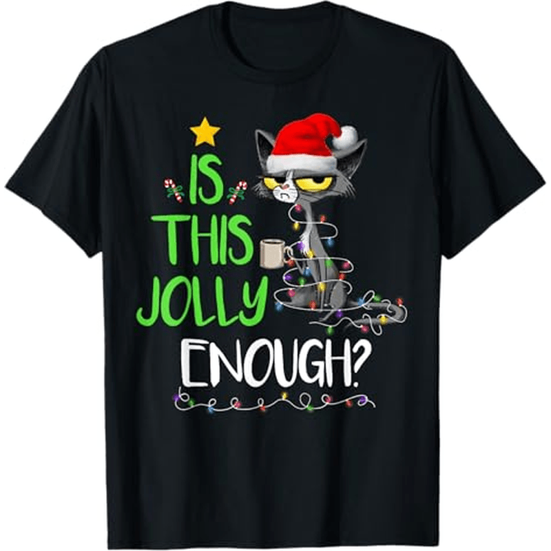 

Is This Enough Black Cat Merry Christmas Tree Lights T-shirt, 100%cotton, Gifts For Men Dad Husband , S-xxxl, Black