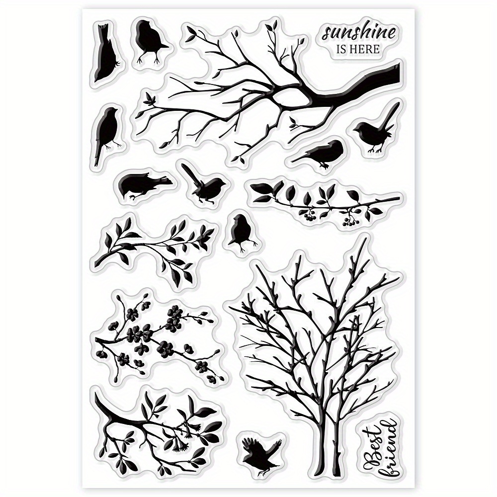 Image of Birds & Clear Silicone Stamp Sheet For Diy Scrapbooking, Card Making & Photo Albums - Tree And Flower Designs, Scrapbooking Supplies