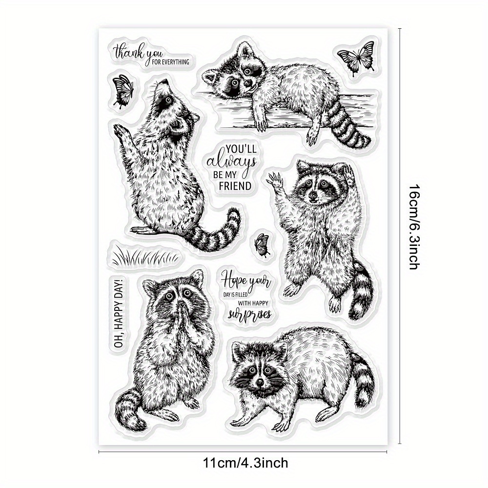 Image of 1 Sheet Superfindings Raccoon & Clear Stamps For Diy Scrapbooking, Card Making, And Journaling - Adorable Raccoon Designs With Butterflies, Plastic Material, 16x11cm