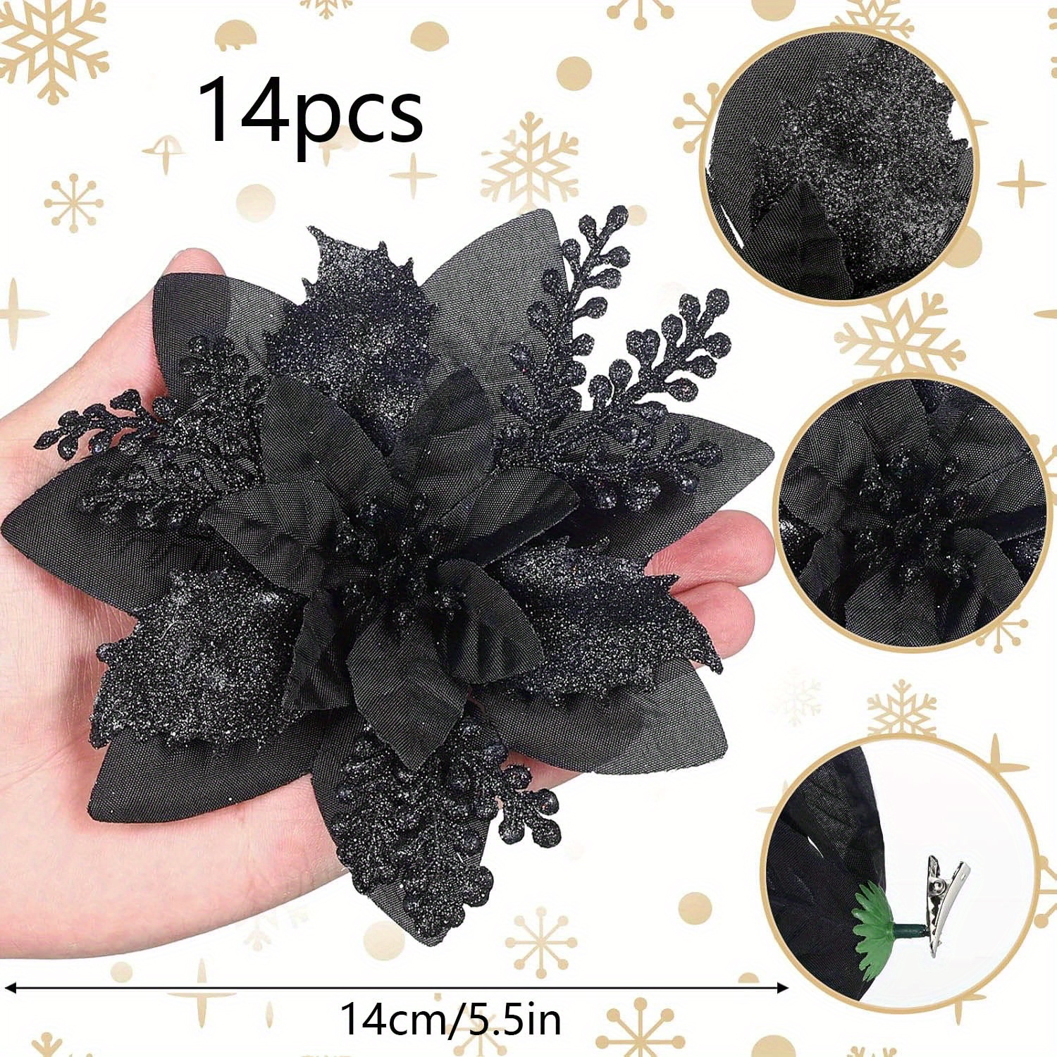 

14pcs Black Poinsettia Artificial Flowers With Clips - Christmas Tree, Holiday Party & Home Decor, Diy Garland Accessories