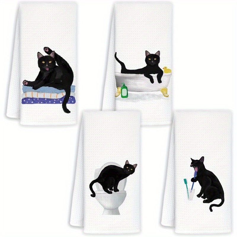 

4-pack Black Cat Themed Dish Towels - 18x26 Inches Woven Polyester Hand Towels, Soft Bathroom Towels With Space Motif, Machine Washable For Cat Lovers Decor