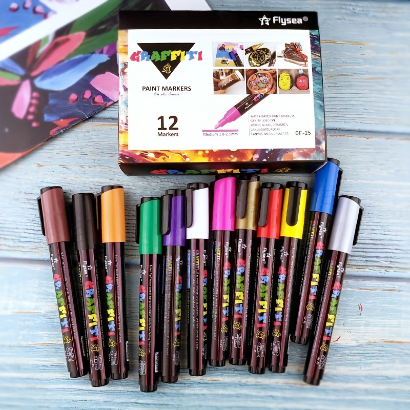 

12--based Paint Marker Set, 3mm Fine Tip, Waterproof & Non-toxic For Rocks, Wood, Plastic, Canvas, Glass - Ideal For Christmas Decorations & Crafts