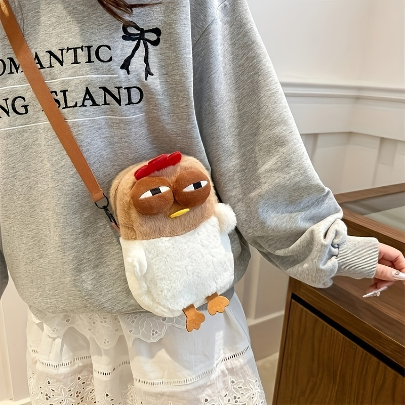 

1pc Cartoon Chicken Plush Crossbody Phone Messenger Bag - Polyester, Animal Print, Soft, Lightweight, Detachable Strap, Zip Closure, Fashion Accessory For Women