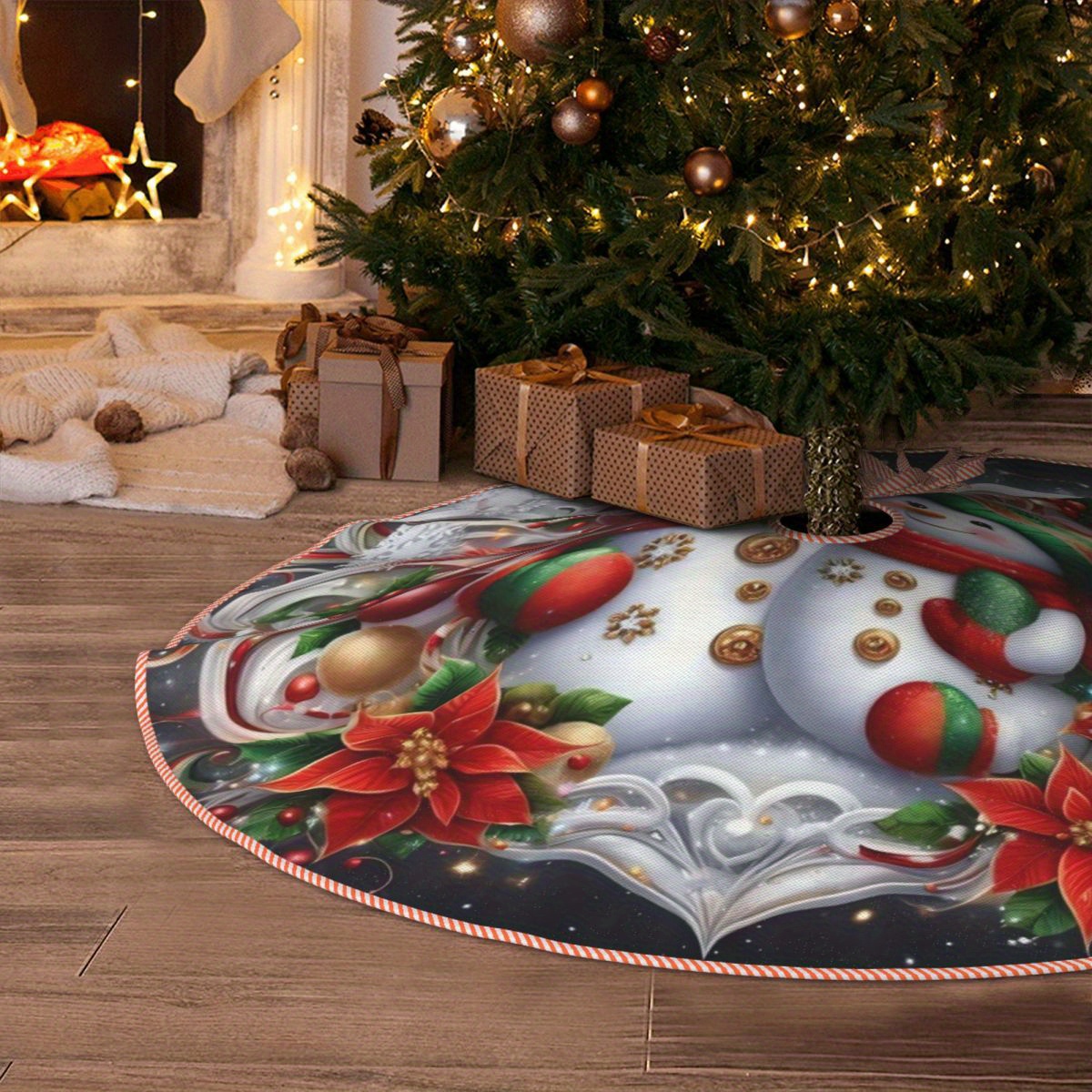 

Christmas Tree Skirt, Fabric Base Cover With Santa, Snowman, And Ornaments - Universal Fit For Thanksgiving, New Year, And Christmas Decorations - Seasonal Room And Office Decor, Theme Party Accessory