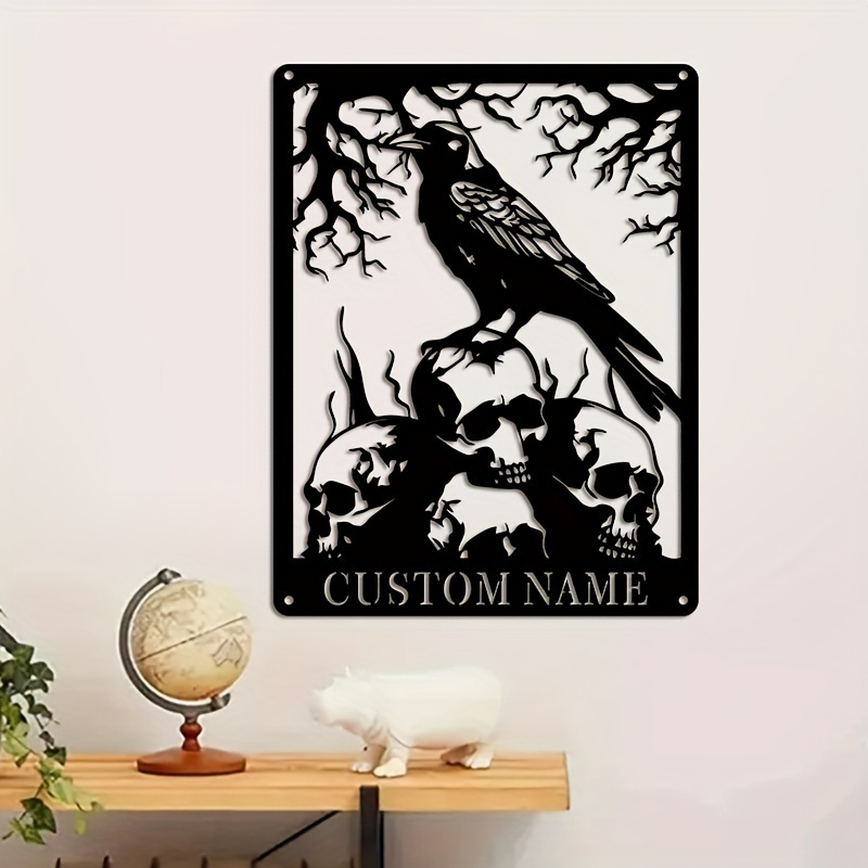 custom name boho skull crow metal     halloween valentines day thanksgiving decor black iron hanging ornament for living room details 3